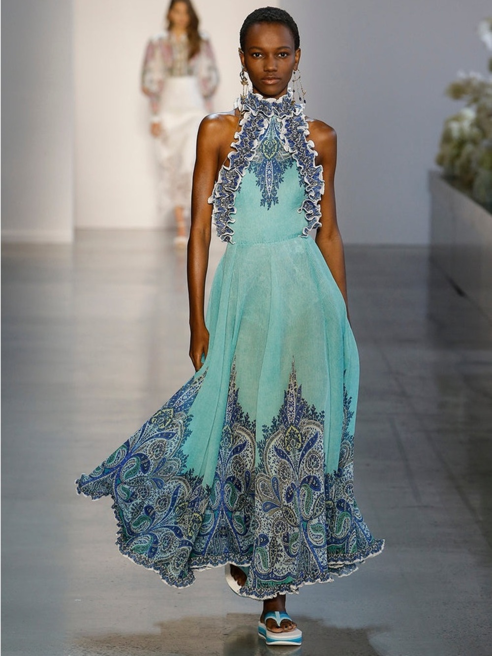 Zimmermann *RARE* Runway Turquoise Halter Plisse Midi Dress Blue Paisley Border - Picture 2 of 7
